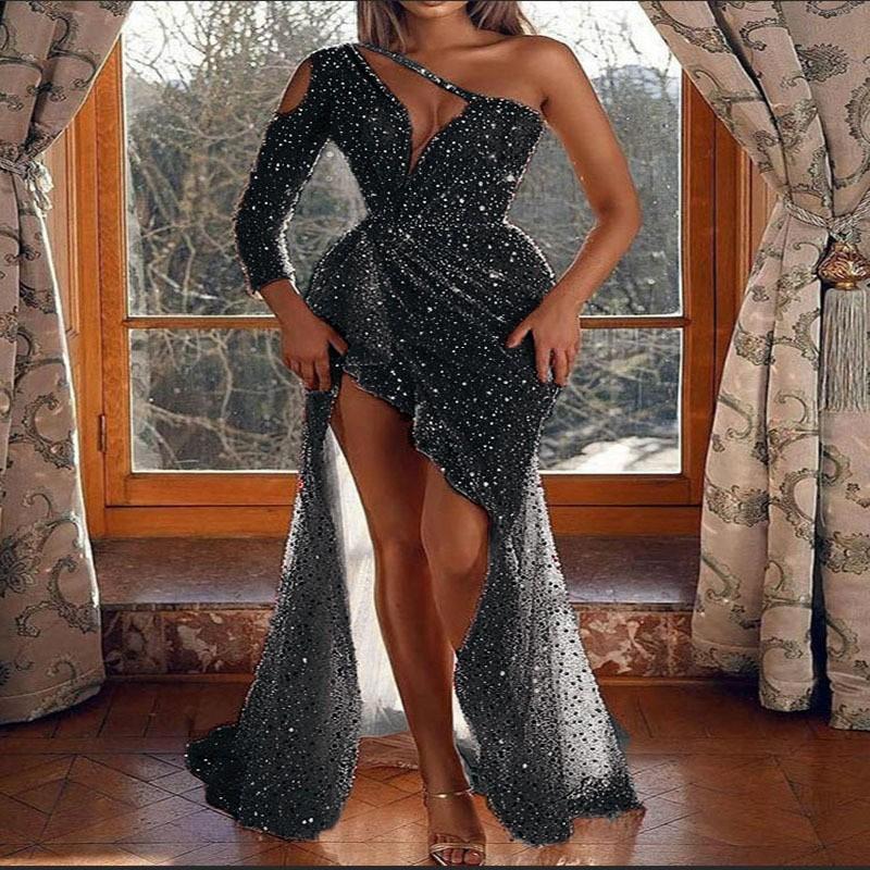 Women's Dream Socialite Gathering Party Character High Slit Long Sleeve Sequined Banquet Evening Dress