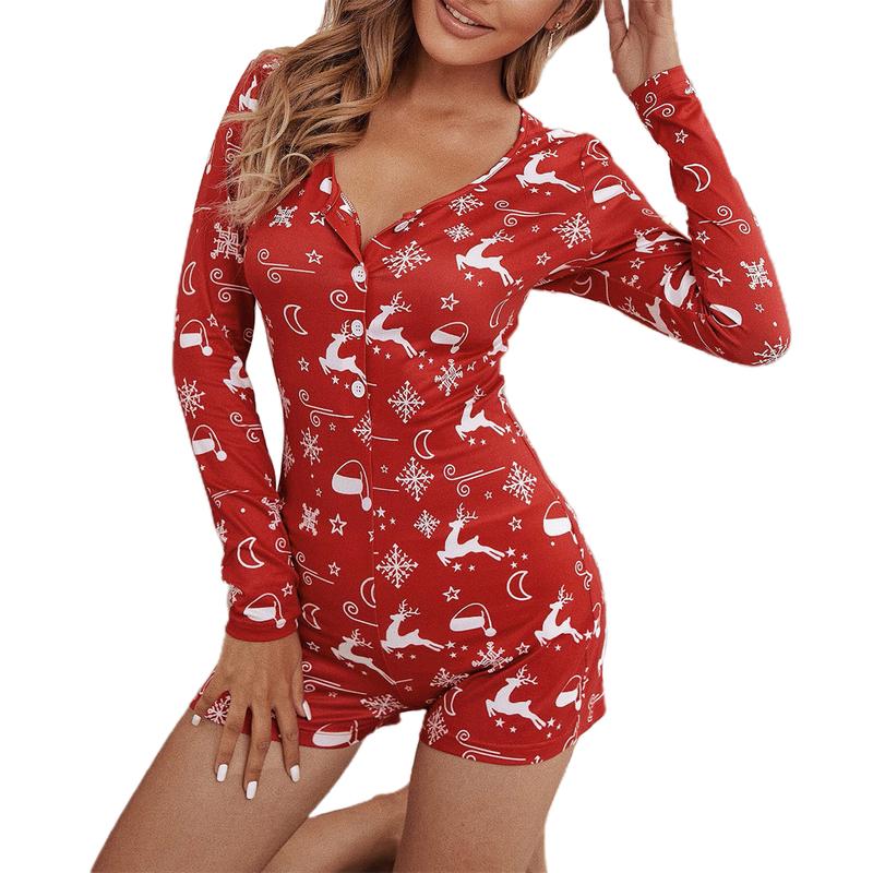 Women Christmas V-Neck Shorts Jumpsuit  Bodysuit Pajama Long Sleeve Bodycon Rompers Overall Xmas Playsuits Party Clubwear Women's Christmas Women's Christmas