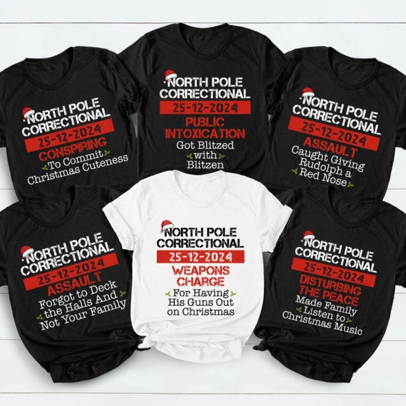 Personalized North Pole Correctional Shirts, Matching Family Christmas Shirts, Funny Group Christmas Pajamas, Xmas Festive Mom Dad Kids Tees