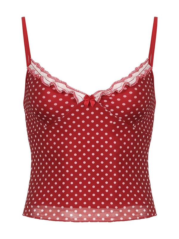 Women's Polka Dot Print Frill Trim Bow Decor V Neck Crop Cami Top, Lady Casual Fashion Backless Sleeveless Spaghetti Strap Top for Summer, Ladies Clothes for Dating Daily Wear, Womenswear