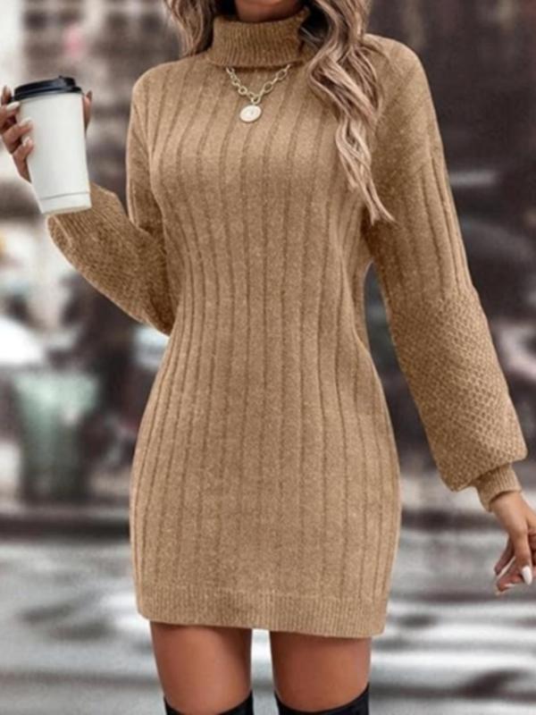 Women's Solid Drop Shoulder Sweater Dress, Casual Long Sleeve High Neck Jumper Dress for Fall & Winter, Women's Knitwear for Daily Wear