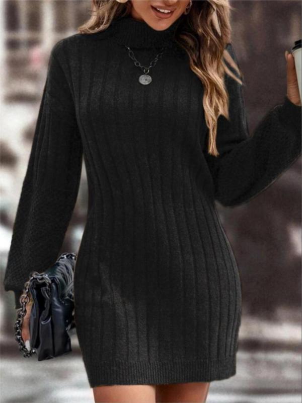 Women's Solid Drop Shoulder Sweater Dress, Casual Long Sleeve High Neck Jumper Dress for Fall & Winter, Women's Knitwear for Daily Wear