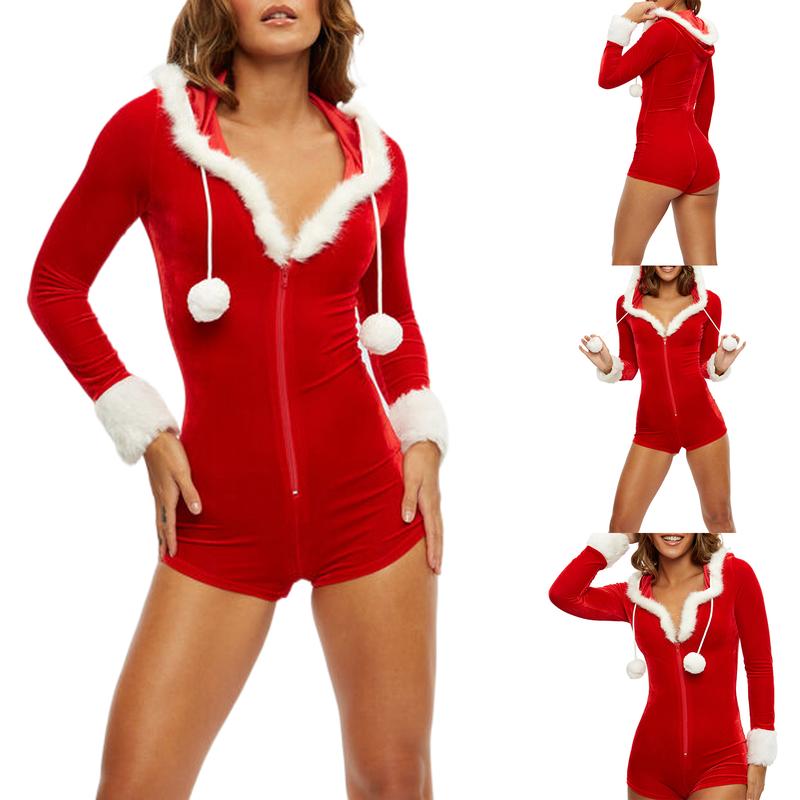 Women´s Christmas Shorts Hood Bodysuit, Contrast Color Plush Trim V-Neck Long Sleeve Zipper ClosureFit Jumpsuit