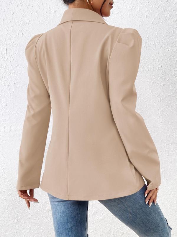 Women's Solid Single Button Puff Sleeve Shawl Collar Blazer, Elegant Long Sleeve Flap Detail Outerwear for Fall & Winter, Women's Clothing for Daily Wear, Blazer for Women