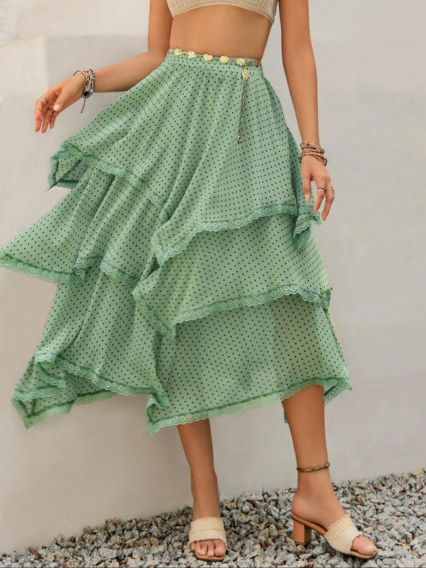 Vintage Women's All Over Print Contrast Lace Ruffle Trim Tiered Layer Y2k Skirt, Boho Fashion Elastic Waist Long Skirt for Daily Holiday Vacation Wear, Skirts for Women, Ladies Bottoms, 90s Vintage Clothing