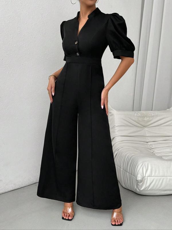 Women's Plain Notched Neck Puff Sleeve Jumpsuit, Casual Half Sleeve Button Front Jumpsuit for Spring & Fall, Women's Clothes for Daily Wear