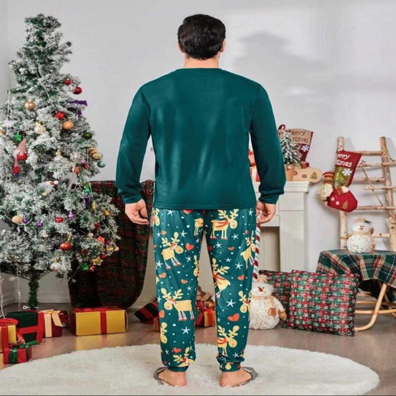 Couple Christmas print long sleeve sleep Tee & jogger pants pajama two-piece set, casual comfy round neck top & elastic waist trousers matching pajamas PJ set, Christmas pajamas, couple's sleepwear & loungewear