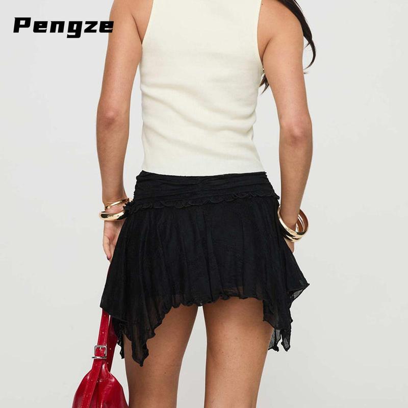 Women's Mini Skirts Lace Ruched High Waist Skirts Spring Summer Irregular Hem Casual Skirts