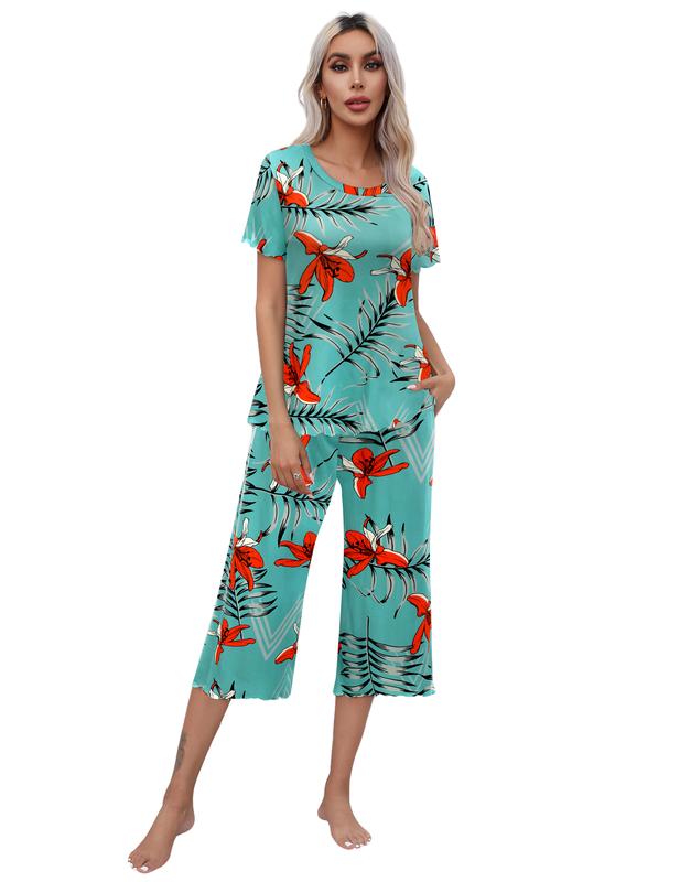 Ekouaer women's pajama set with short sleeved top and cropped pants Pjs casual wear and pajama set   Loungewear Nightwear Basic