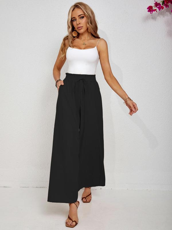  Solid Drawstring Waist Wide Leg Pants, Elegant Pocket Tie Front Trousers for Work Office Business, Pants for Women, Women's Bottoms for Fall & Winter, Fall Outfits, Fallfreshness