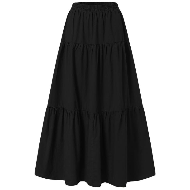 Women´s Casual Long Skirts, Solid Color Pleated Big Hem Elastic Waist Loose Fit Skirts, Simple Style Bottoms Cotton Fashion Womenswear Check