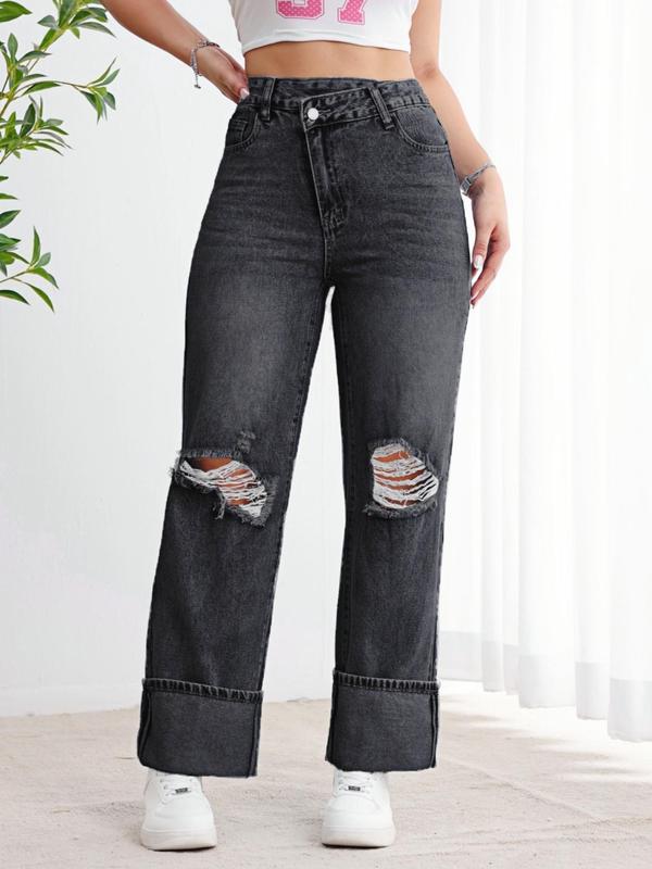 Women's Plain Ripped Button Fly Straight Leg Jeans, Casual Pocket Design Denim Trousers for Fall & Winter, Women's Bottoms for Daily Wear