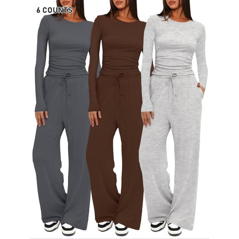 Two-piece Set Women's Solid Ruched Tee & Drawstring Pocket Pants Lounge Set, Casual Long Sleeve T-shirt & Elastic Waist Trousers, Ladies Sleepwear for All Seasons Loungewear Pajama