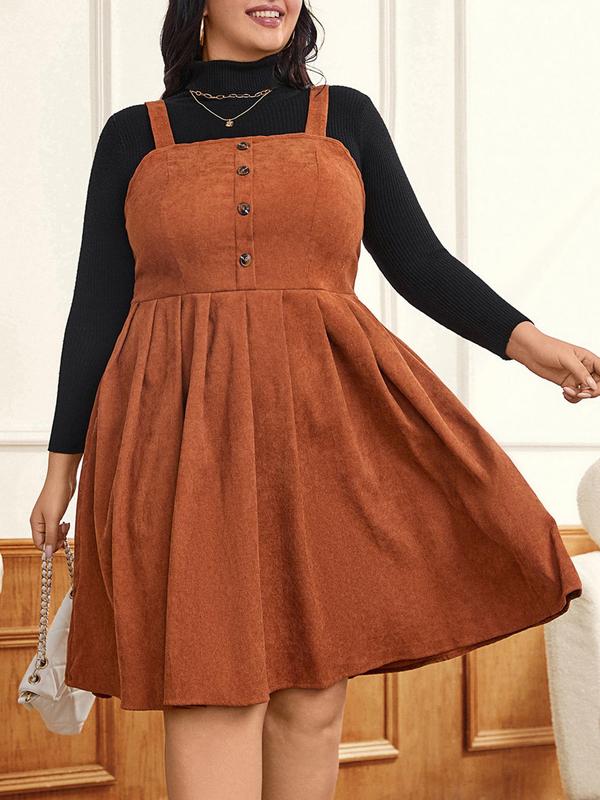 CURVZY Plus Size Solid Color Button Front Pinafore Dress, Casual Adjustable Strap Sleeveless Knee Length Dress for Fall & Winter, Women's Clothes for Daily Wear