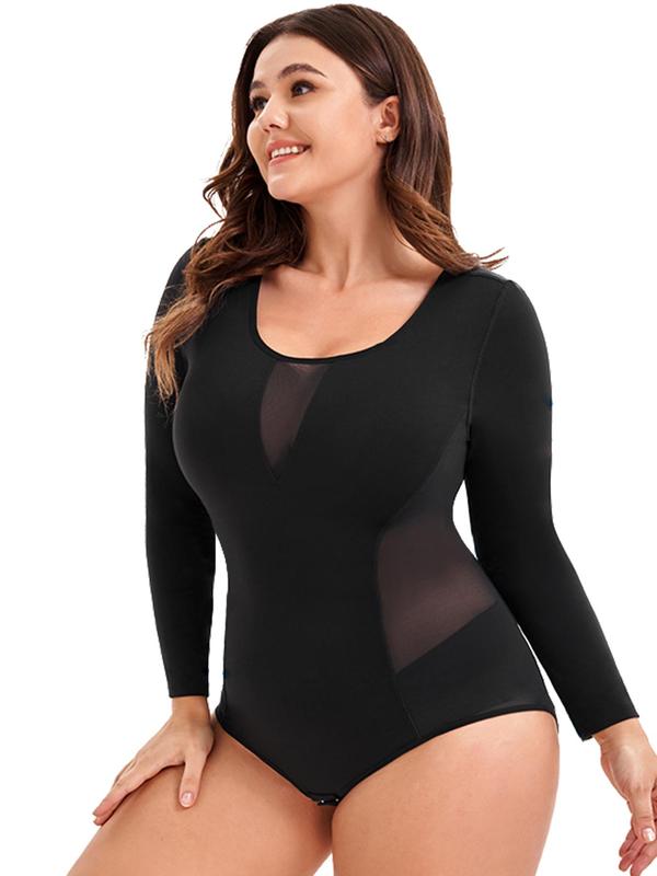 Women's Contrast Mesh Sheer Scoop Neck Shapewear Bodysuit, High Stretch Tummy Control Hook & Eye Closure Crotch Shaper, Women's Shapewear for All Seasons