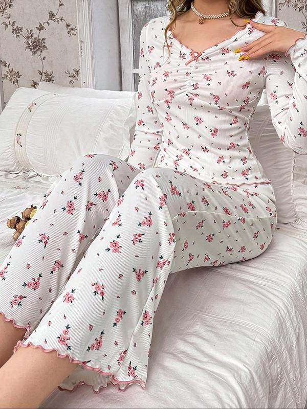 Two-Piece Set Women's Ditsy Floral Print Bow Front Lettuce Trim Pajama, Casual Comfy Ruched V Neck Long Sleeve Top & Pants PJ Set, Ladies Sleepwear for Spring & Fall