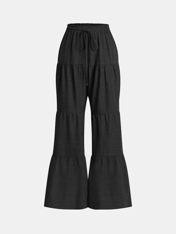 YOZY [Size 4-14] Plain Drawstring Ruffle Wide Leg Pants  Casual Elastic High Waist Trousers, 2024 Women's Spring & Fall Outfits for Daily Wear, [S-XXL]