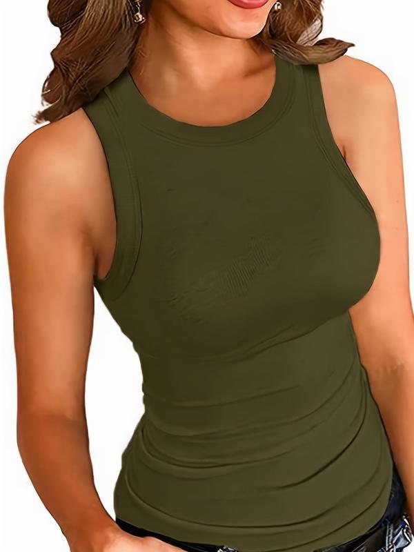  Solid Ribbed Round Neck Tank Top, Casual Sleeveless Crew Neck Top, Tank Tops for Women, Tank Tops for Summer, Back To School Outfits, Women's Clothing for Summer Daily Wear