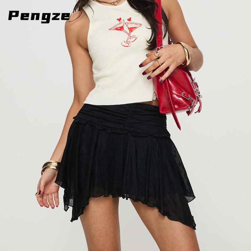 Women's Mini Skirts Lace Ruched High Waist Skirts Spring Summer Irregular Hem Casual Skirts