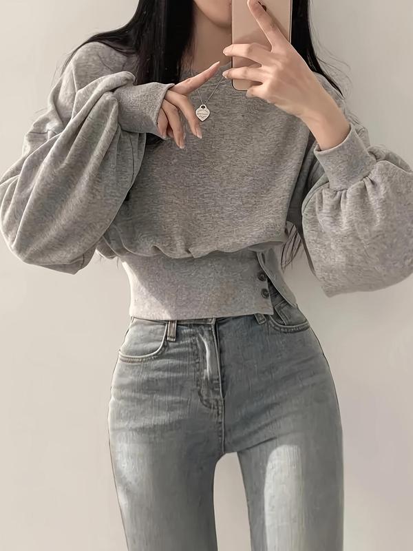 Women's Plain Button Decor Flounce Sleeve Pullover Sweater, Y2K Casual Long Sleeve Crew Neck Jumper for Spring & Fall, Fashion Women's Knitwear for Daily Wear