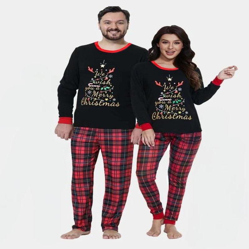 Couple Christmas print long sleeve sleep Tee & jogger pants pajama two-piece set, casual comfy round neck top & elastic waist trousers matching pajamas PJ set, Christmas pajamas, couple's sleepwear & loungewear