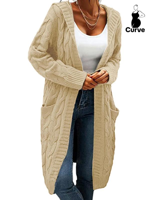  Cable Knit Pocket Hooded Cardigan, Casual Long Sleeve Open Front Knitwear for Fall & Winter, Gift Set, Cardigan for Women, Women's Clothing for Daily Wear