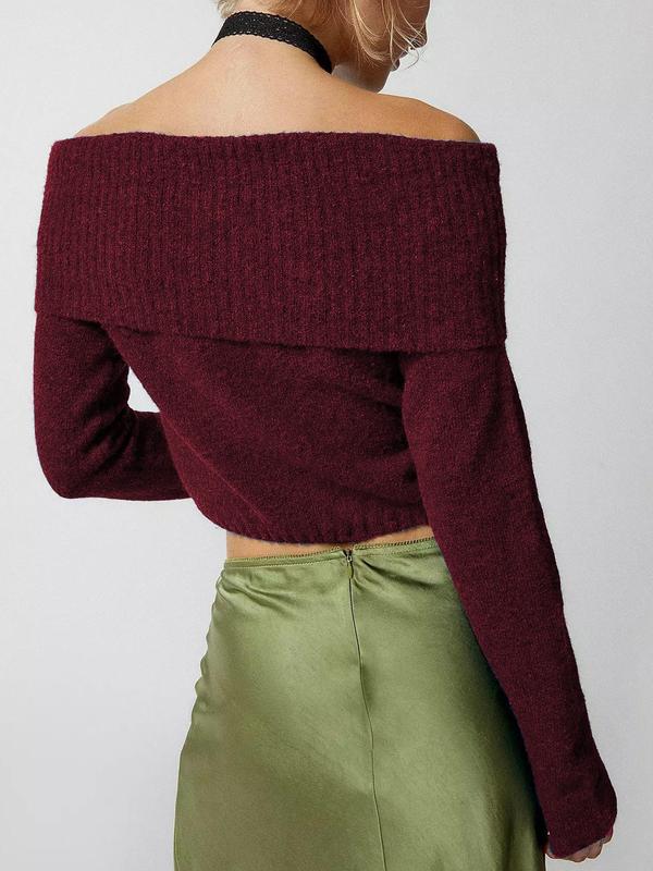 Women's Plain Ruched Off Shoulder Sweater, Casual Long Sleeve Jumper for Fall & Winter, Fashion Ladies' Knitwear for Daily Wear