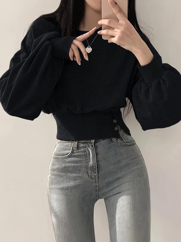 Women's Plain Button Decor Flounce Sleeve Pullover Sweater, Y2K Casual Long Sleeve Crew Neck Jumper for Spring & Fall, Fashion Women's Knitwear for Daily Wear