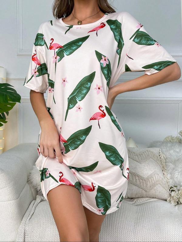 Women's Flamingo & Leaf Print Nightdress, Casual Soft Comfortable Short Sleeve Round Neck Nightgown for All Seasons, Ladies Sleepwear for Home Wear