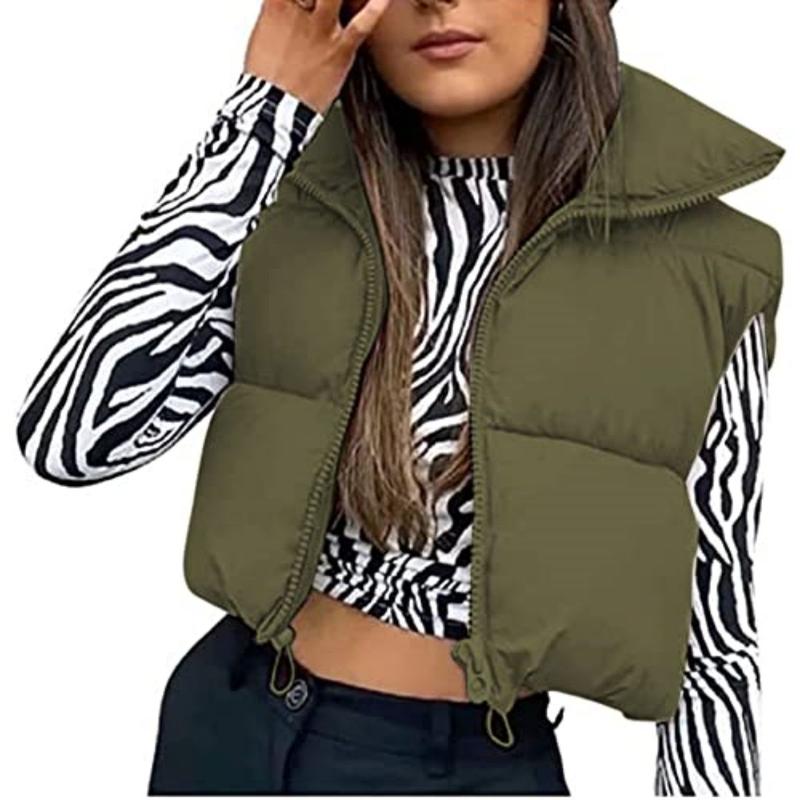 Women's Cropped Puffer Vest Lightweight Stand Collar Zip Up Padded Gilet with Pockets