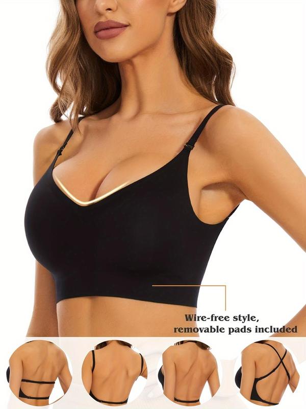 Women's Solid Padded Push Up Bra, Casual Detachable Strap Design Wireless Lingerie Top, Women's Lingerie for Daily Wear