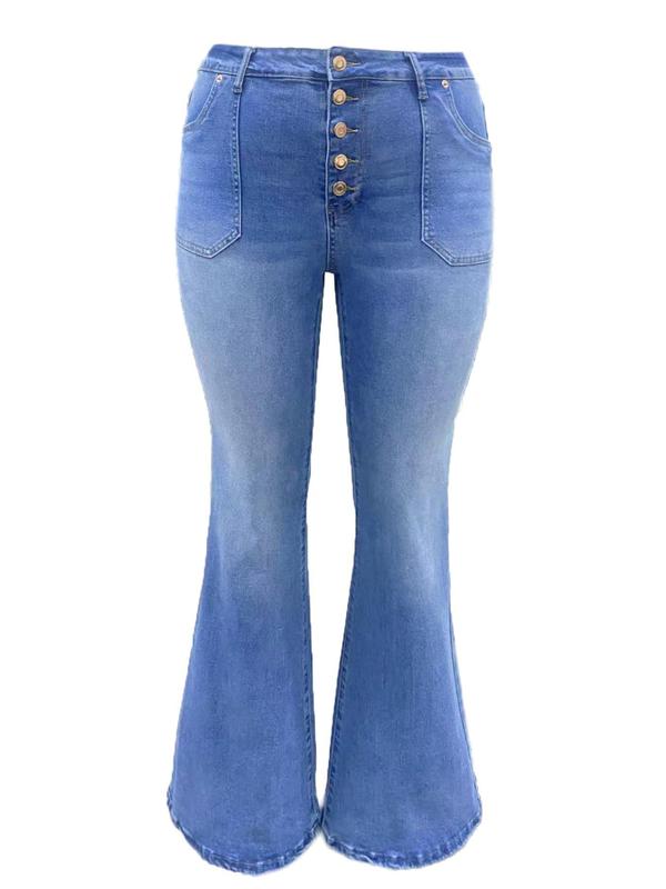 Women's Plus Size Button Front Flare Leg Vintage Denim Jeans, Casual Chic Pocket Flared Trousers for Women, Gift Set, Denim Pants for Women, Women's Streetwear Bottoms for All Seasons, Womenswear, Fall Outfits, Fallfreshness, Birthday Outfits