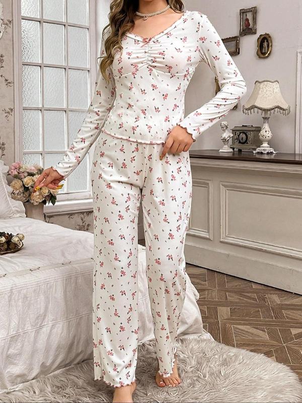 Two-Piece Set Women's Ditsy Floral Print Bow Front Lettuce Trim Pajama, Casual Comfy Ruched V Neck Long Sleeve Top & Pants PJ Set, Ladies Sleepwear for Spring & Fall