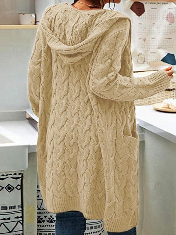  Cable Knit Pocket Hooded Cardigan, Casual Long Sleeve Open Front Knitwear for Fall & Winter, Gift Set, Cardigan for Women, Women's Clothing for Daily Wear