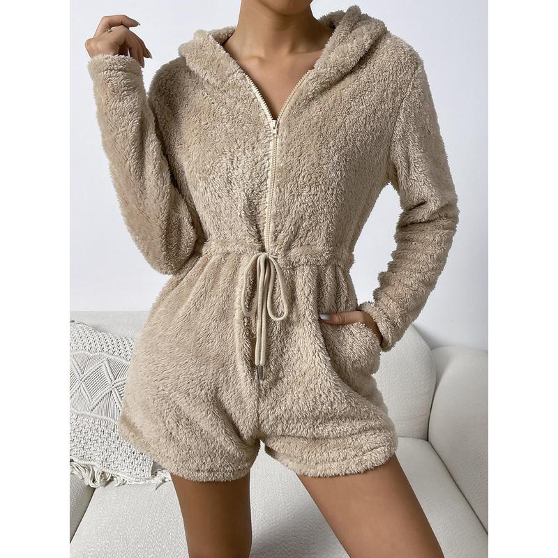 Women Fuzzy Rompers Casual Solid Color Zipper Plush Jumpsuit Trendy Drawstring Long Sleeve Bodysuit Loungewear,S M L XL