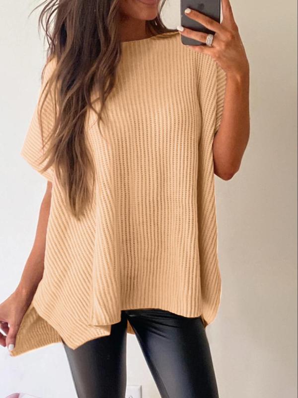 Women's Plain Textured Split Hem Batwing Sleeve Knit Top, Casual Short Sleeve Round Neck Knitwear for Summer,  Women's Sweaters,  Sweaters for Women, Fashion Women's Knit Clothing for Daily Wear