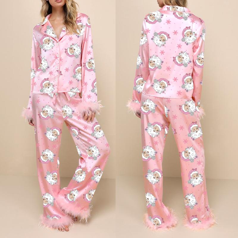 Women Christmas Pajamas Lounge Set Santa Christmas Tree Boots Print Shirts Tops and Pants 2 Piece Loungewear Outfits