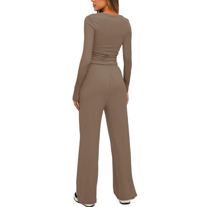 Two-piece Set Women's Solid Ruched Tee & Drawstring Pocket Pants Lounge Set, Casual Long Sleeve T-shirt & Elastic Waist Trousers, Ladies Sleepwear for All Seasons Loungewear Pajama