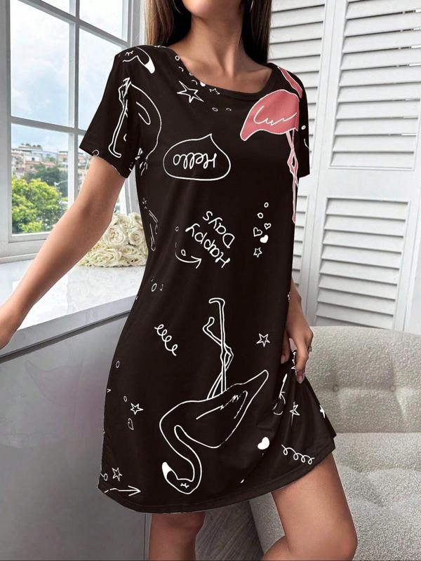 Women's Flamingo & Leaf Print Nightdress, Casual Soft Comfortable Short Sleeve Round Neck Nightgown for All Seasons, Ladies Sleepwear for Home Wear