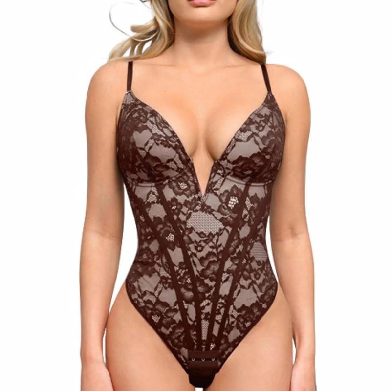 Popilush Lace Corset Style Deep-V Neck Shapewear Bodysuit PSA