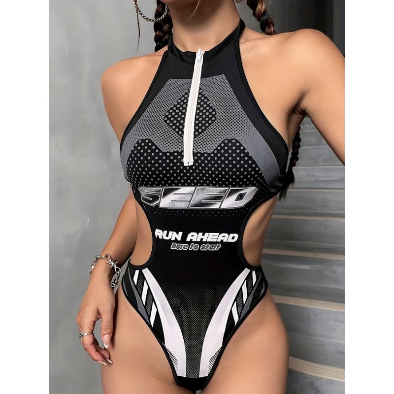 Letter Print Cut Out Bodysuit, Sexy Backless Halter Neck Zip Up Slim Bodysuit, Women's Clothing