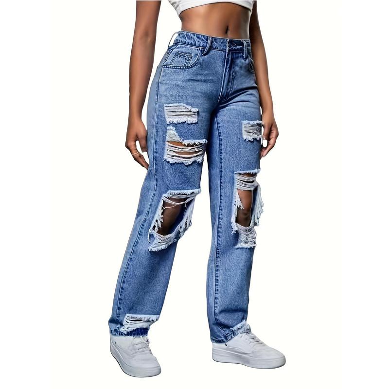 Stretch Slant Pocket Ripped Women's Jeans, High Waist Design Women's Fashion Ripped Jeans, Women's Imitation Old Ripped Jeans, High Waist Vintage Jeans, Street Fashion With Pockets Casual Loose Version Of Trousers