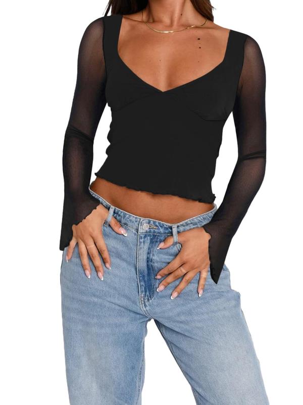 Women's Solid Contrast Mesh Sheer Sweetheart Neck Crop Tee, Casual Long Sleeve T-shirt for Spring & Fall, T Shirts for Women, Women's Top Clothing for Daily Wear