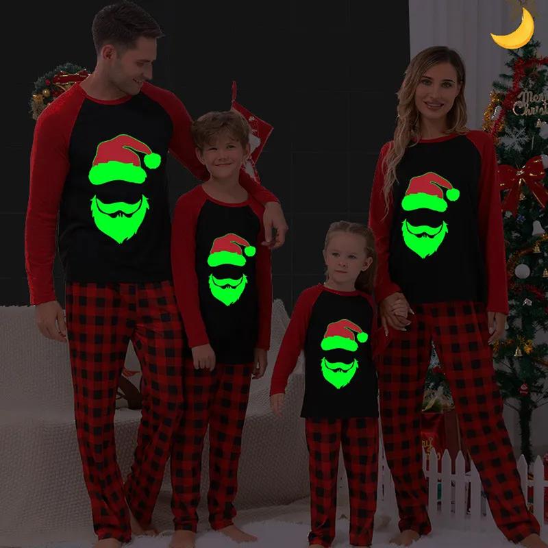 2024 New Christmas Family Pajamas Matching Set Glow in Dark Cartoon Print Long Sleeve Tops and Plaid Pants Homewear Sleepwear Loungewear Nightwear Xmas Pj's Clothes Womenswear Baby