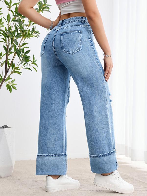 Women's Plain Ripped Button Fly Straight Leg Jeans, Casual Pocket Design Denim Trousers for Fall & Winter, Women's Bottoms for Daily Wear