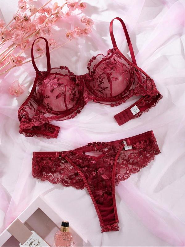 Two-piece Set Women's Floral Embroidery Sheer Lace Bra & Thong Teddy Lingerie Set, Adjustable Strap Push Up Bra & Panty Set, Lingerie Set for Women