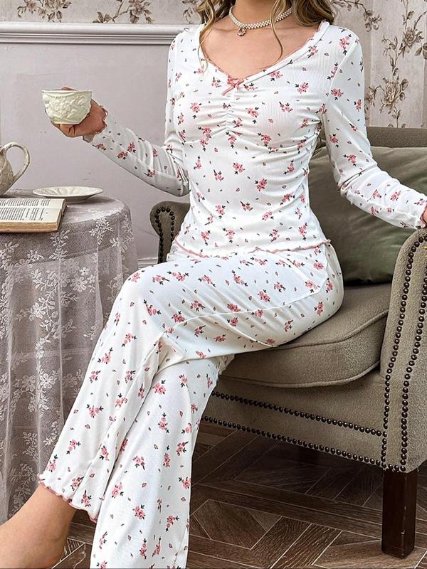 Two-Piece Set Women's Ditsy Floral Print Bow Front Lettuce Trim Pajama, Casual Comfy Ruched V Neck Long Sleeve Top & Pants PJ Set, Ladies Sleepwear for Spring & Fall