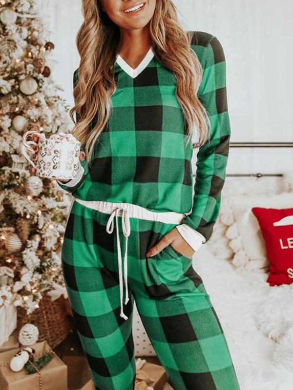 Women's Christmas Plaid Print V Neck Tee & Elastic Waist Pants Flannelette Loungewear Two-piece Set, Casual Comfy Long Sleeve Top & Tie Front Trousers Pj Set,  Lounge Set for Women, Ladies Sleepwear for Spring & Fall