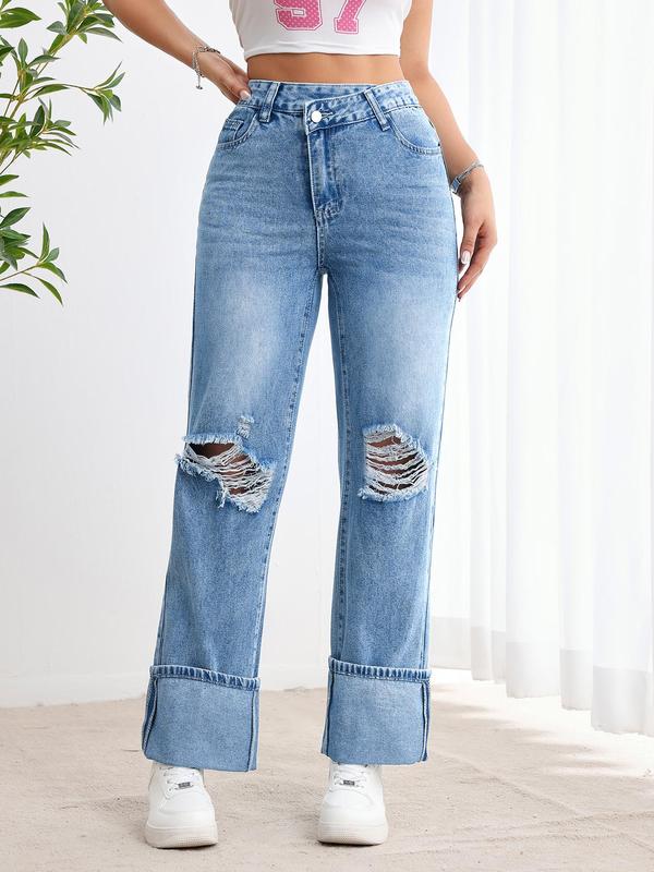 Women's Plain Ripped Button Fly Straight Leg Jeans, Casual Pocket Design Denim Trousers for Fall & Winter, Women's Bottoms for Daily Wear