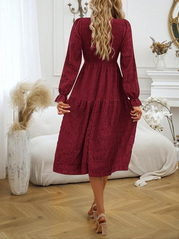 Women's Plain Ruffle Trim Shirred Flounce Sleeve Dress, Elegant Midi Dress for Party Holiday Wedding Guest, Holiday Dress, Dresses for Women, Ladies Fall & Winter Clothes